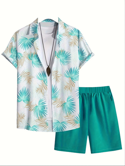 Men's Casual Suit Set with Short Sleeve Shirt and Printed Shorts