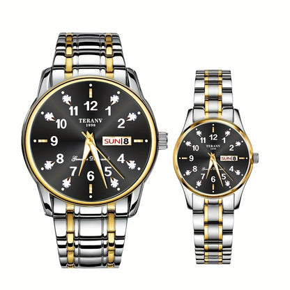 Two Stylish Digital Round Dial Couple'S Quartz Watches - IPX7 Waterproof, Luminous, Dual Calendar, Date and Day/Week Display, Alloy Strap Business Watches, Suitable for Women and Men, Valentine'S Day Gift Wristwatches