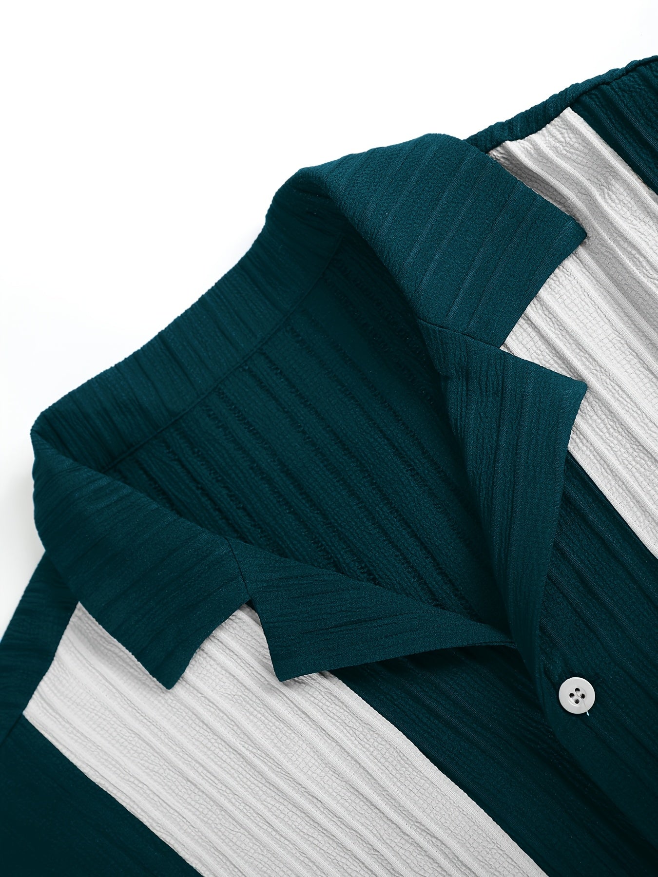 Men'S Color Block French Stripe Short Sleeve Shirt and Pants Set - Casual Button-Up Blazer with White Stripes, Dark Green Pants, Regular Fit for Casual Attire, Versatile Menswear | French Stripe Design | Nonstretch Fabric