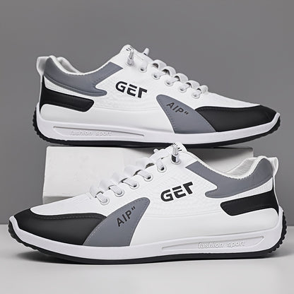 Men's White/Grey/Black Casual Sneakers - Low-Top Lace-Up Shoes with Cushioned Rubber Sole, PU Upper & Fabric Lining - Lightweight Everyday Walking Shoes for Gym, Office, Travel - Minimalist Athletic Footwear, Shoes Sneakers,
