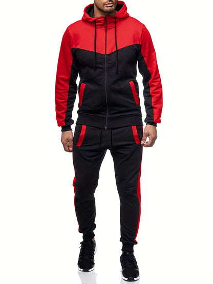 Men'S Casual Hoodie Set for Autumn And Winter, Featuring a Hooded Sweatshirt And a Sporty Cardigan in a Patchwork Design.