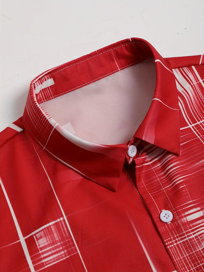 Men'S Stylish Gradient Shirt Set - Brown & White Geometric Pattern, Short Sleeve with Pocket, Loose Fit Shorts, Perfect for Beach, Camping, Fishing & Outdoor Activities, Casual Attire|Geometric Pattern Shirt|Woven Fabri
