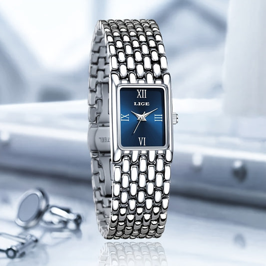 LIGE Women'S Luxury Quartz Watch - Stainless Steel Band, Blue Dial with Roman Numerals, Elegant Fashion Timepiece for Casual or Sporty Wear, Elegant Timepiece | Sleek Watch Design | Alloy Watch Case