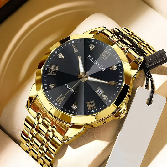 KASRLUO Men's Elegant Stainless Steel Watch with Crystal Roman Numerals & Date Display - Business Style, Quartz Movement