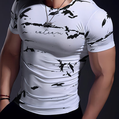 Men's High-Elasticity Anti-Tear Graffiti T-Shirt - Black & White Geometric Print, Tight-Fit Athletic Top for Gym, Running, Yoga & Casual Summer Wear, Gym Clothes, Highelastic Polyester, Short Sleeve Design