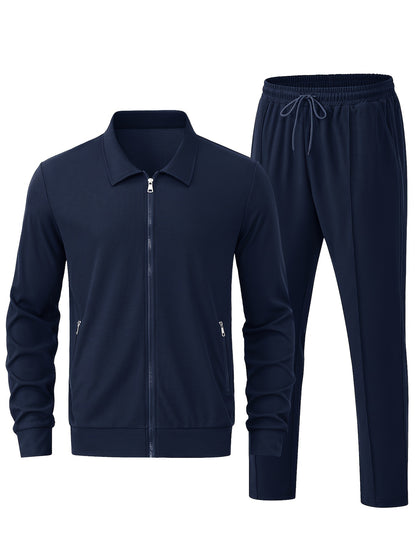 Men's Solid Waffle 2pcs Athletic Outfits, Zip-up Jacket & Pants co ord set for Outdoor Sports