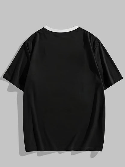 Men'S Fashion Casual Crew Neck Short Sleeve T-Shirt, Polyester Blend, Slight Stretch, Solid Color, Summer, Regular Fit, Knit Fabric, 180g/m², with Embellished Graphic for Adult
