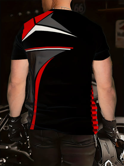 Men's Black 3D Geometric Print T-Shirt – Casual Short Sleeve Summer Tee with Red & Gray Accents, Round Neck, Machine Washable for Outdoor Sports, Everyday Comfort, Durable Fabric