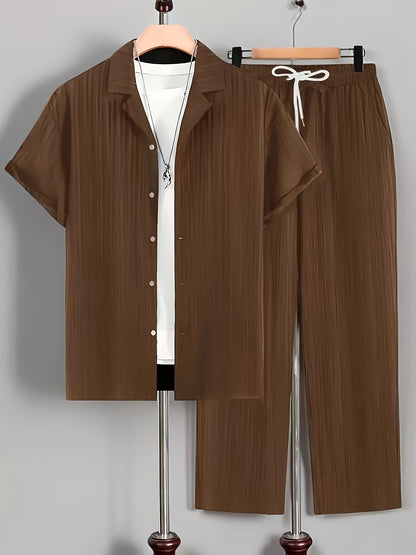 2pcs Men'S Casual Summer Set - Short Sleeve Button-Up Cuban Collar Shirt and Drawstring Waist Pants, Polyester Blend, Solid Color, Regular Fit, Breathable Fabric, Lightweight for Daily Wear