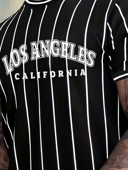 Men's Los Angeles California Graphic T-Shirt - Black & White Striped Casual Streetwear Tee, Breathable Summer Crew Neck Short Sleeve Top, Regular Fit, Everyday Streetwear | Smooth Texture Fabric