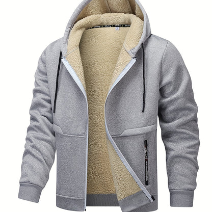 1pc Men'S Casual Style Hooded Jacket, Thick Fleece Lined, Warm Autumn/Winter Fashion, Solid Color, Polyester Knit with Pockets, Regular Fit