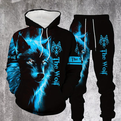 Men'S Wolf Print Hooded Sweatshirt and Joggers Set, Casual Polyester Knit Fabric, Slight Stretch, Regular Fit, Comfortable Long Sleeve Pullover for Spring/Fall, Weekend Casual Wear