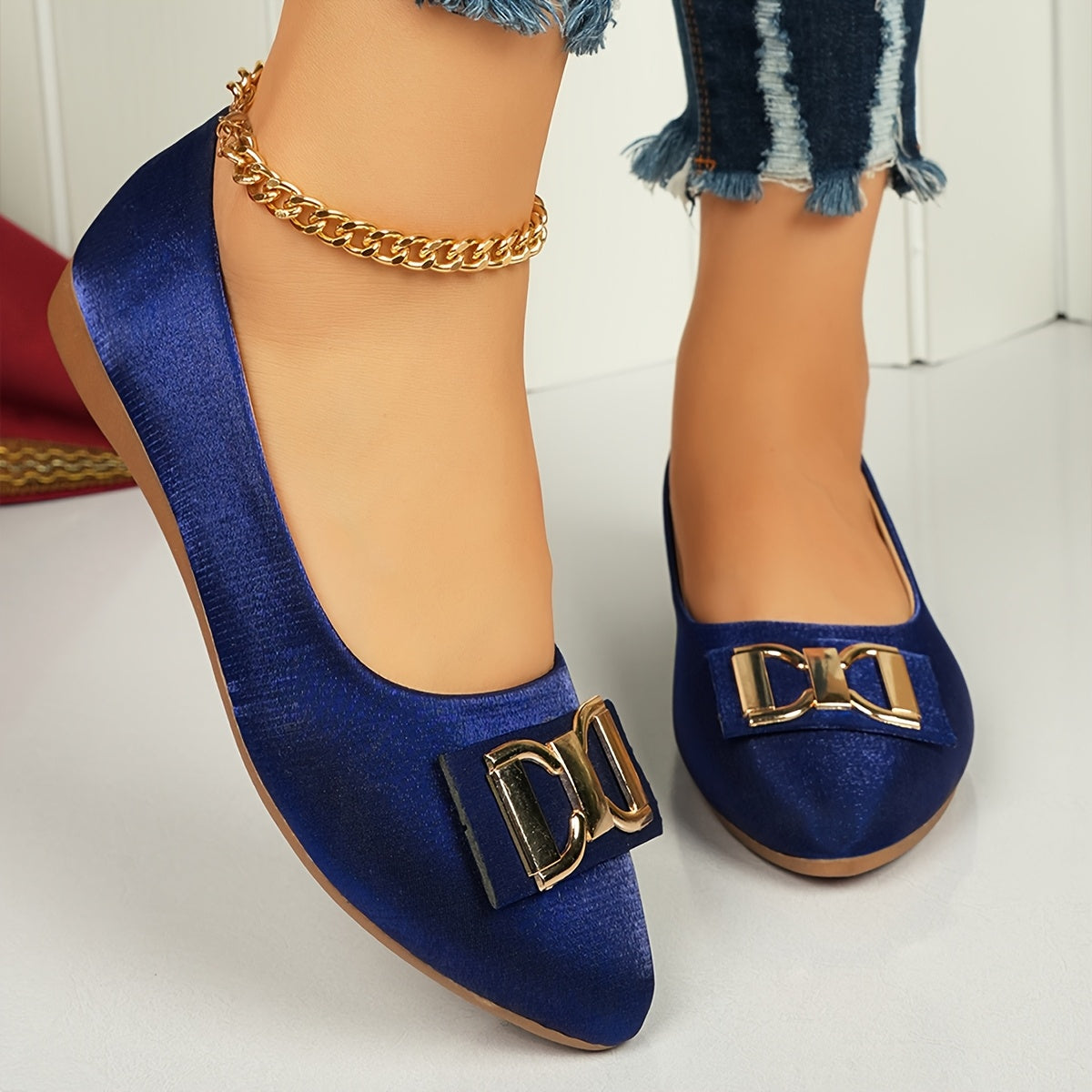 Women's Elegant Red Slip-On Flats with Golden Double Buckle Design - Comfortable Faux Cover Shoes for All Seasons, Pointed Toe Rubber Sole, Perfect for Casual or Dressy Occasions, Dressy Flats | Buckle Embellished Shoes | Lux