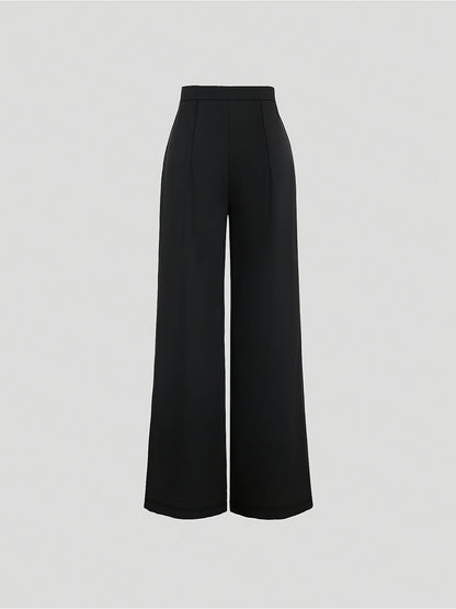 Women'S Elegant High-Waist Wide Leg Pants - Black Polyester Straight Leg with Button Detail, All-Season Fashionable Trousers for Casual or Dressy Wear