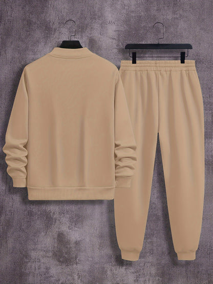 Men'S Casual Polyester Sweatsuit Set with Baseball Collar and Slight Stretch - Solid Color Long Sleeve Knit Fabric Track Suit for Fall/Winter