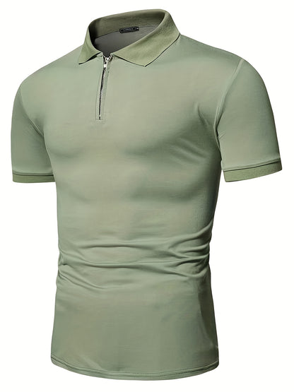 Casual Stretch Men's Solid Color Zipper Lapel Golf Shirt, Male Summer Streetwear