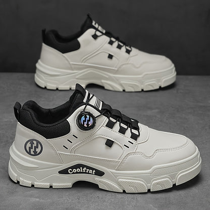 Men'S 2025 Spring Sneakers - Low-Top Lace-Up Casual Shoes with Rotating Button Closure, Breathable Mesh Lining & Cushioned EVA Sole for Running, Hiking, Gym - White & Black Design, Hiking Footwear, Modern Sneakers, Fabric Lin