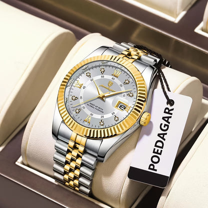 POEDAGAR Luxury Men'S Quartz Watch - Waterproof, Luminous, Stainless Steel Band, Blue & Golden Accents, Date & Week Display, Casual Elegant Timepiece with Backpack Clasp