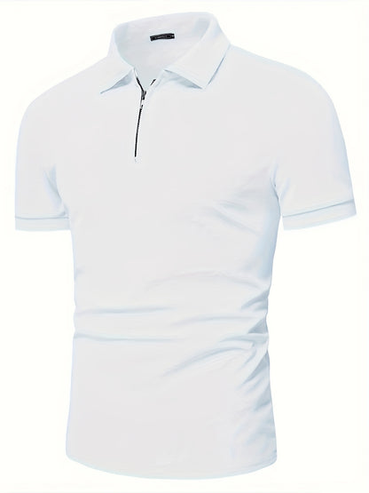 Casual Stretch Men's Solid Color Zipper Lapel Golf Shirt, Male Summer Streetwear