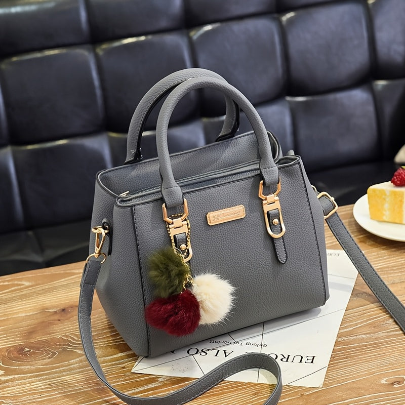 Stylish Lychee Pattern Handbag with Adjustable Strap and Pom Pom Ball Charms - Versatile Shoulder Handbag for Women in Black, Army Green, Khaki, Light Grey, Dark Grey, Red, Crossbody Purse, Charming Pom Pom Accents, Metallic