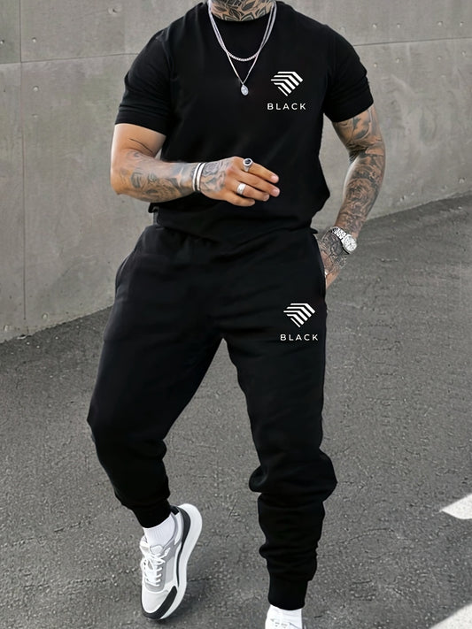 Men's casual crew-neck T-shirt, tight-legged trousers black suit, micro-elastic fabric, classic conventional