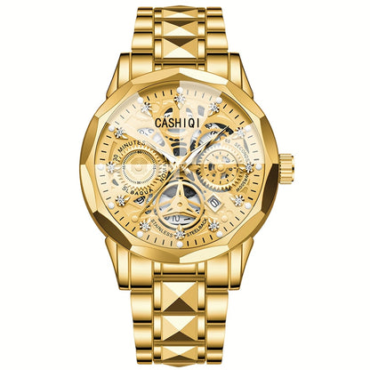 CASHIQI Brand Men'S Steel Strap Quartz Watch with Rhombus Dial, Sparkling Decoration, Calendar, And Luminous Display, IPX7 Waterproof Hollow Quartz Watch for Business, Travel, And Casual Wear - A Perfect Gift Choice.