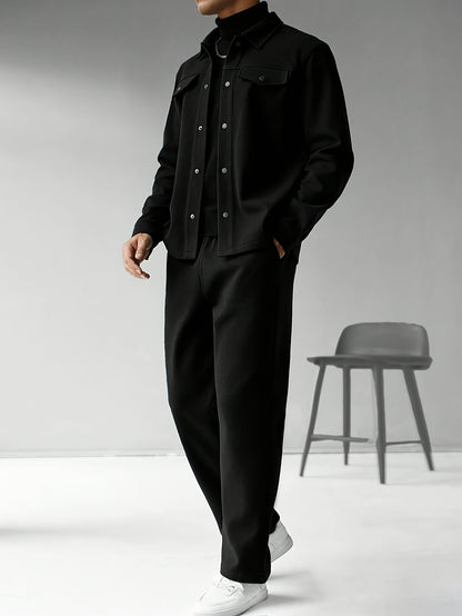 Men'S Two-Piece Casual Outfit - Black Button-Up Shirt & Pants, Long Sleeve, Loose Fit, Non-Stretch Fabric, Perfect for Spring/Fall, Casual Attire|Relaxed Fit|Buttonup Shirt