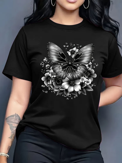 Women'S Floral Butterfly Print T-Shirt, Short Sleeve Crew Neck Casual Top for Spring & Summer, Vibrant Green with White & Blue Flowers, Perfect Birthday or Holiday Gift, Everyday Fashion | Vibrant Casual Top | Glossy Texture