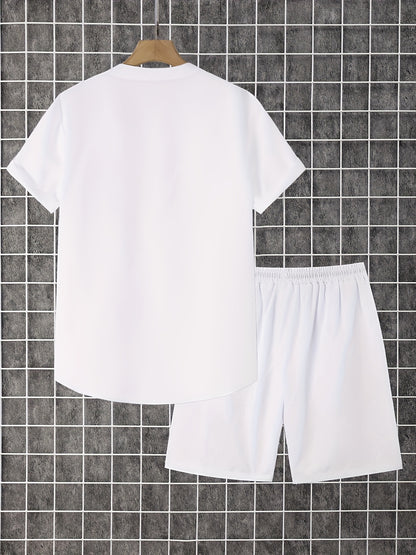 2pcs Printed Men's Summer Short Sleeve Button Shirt and Shorts Set