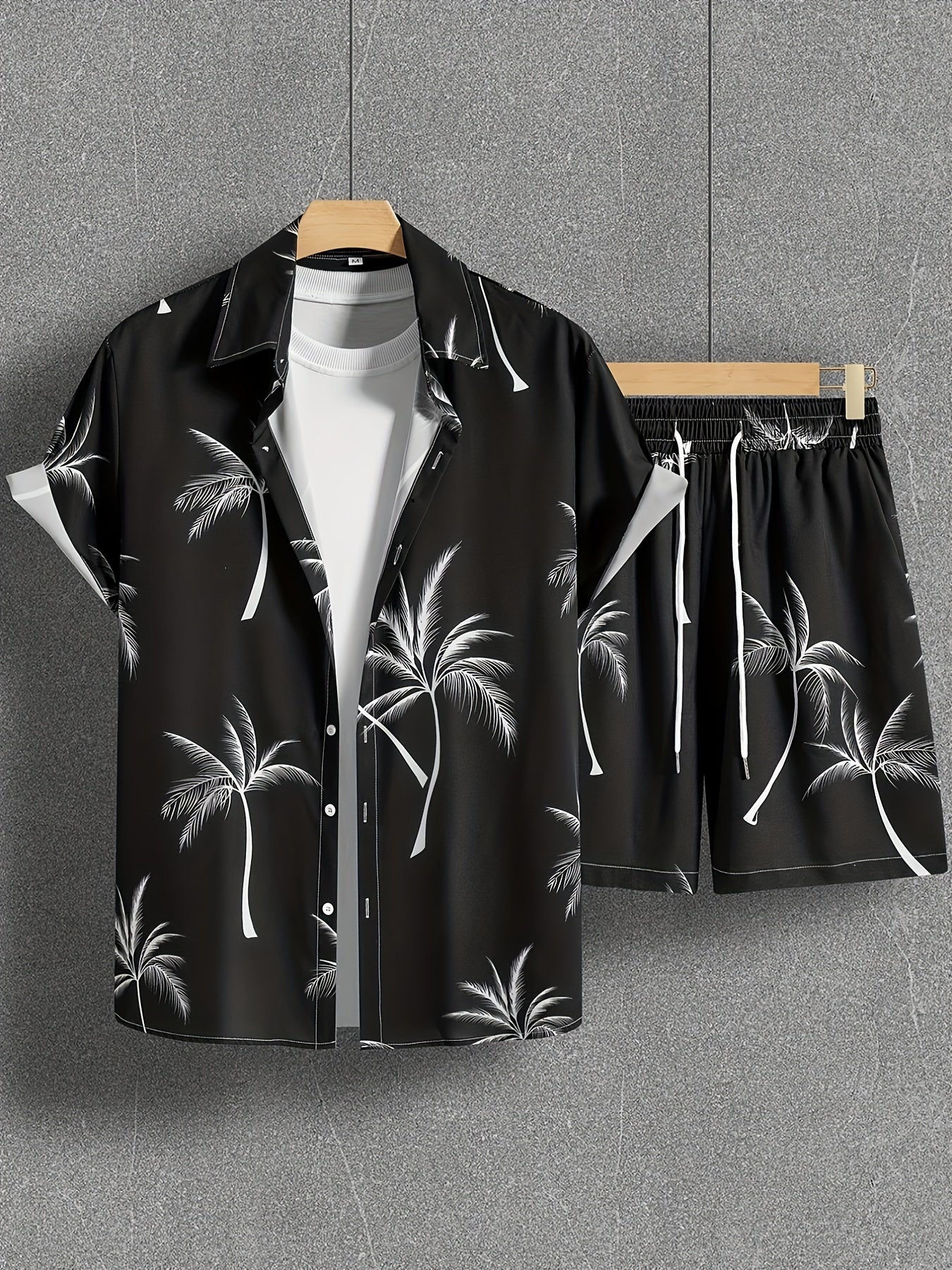 Coconut Tree Print, Men's 2Pcs Outfits, Casual Camp Collar Lapel Button Up Short Sleeve Shirts Hawaiian Shirt And Drawstring Shorts Set For Summer, Men's Clothing