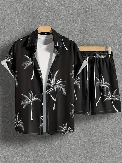 Coconut Tree Print, Men's 2Pcs Outfits, Casual Camp Collar Lapel Button Up Short Sleeve Shirts Hawaiian Shirt And Drawstring Shorts Set For Summer, Men's Clothing