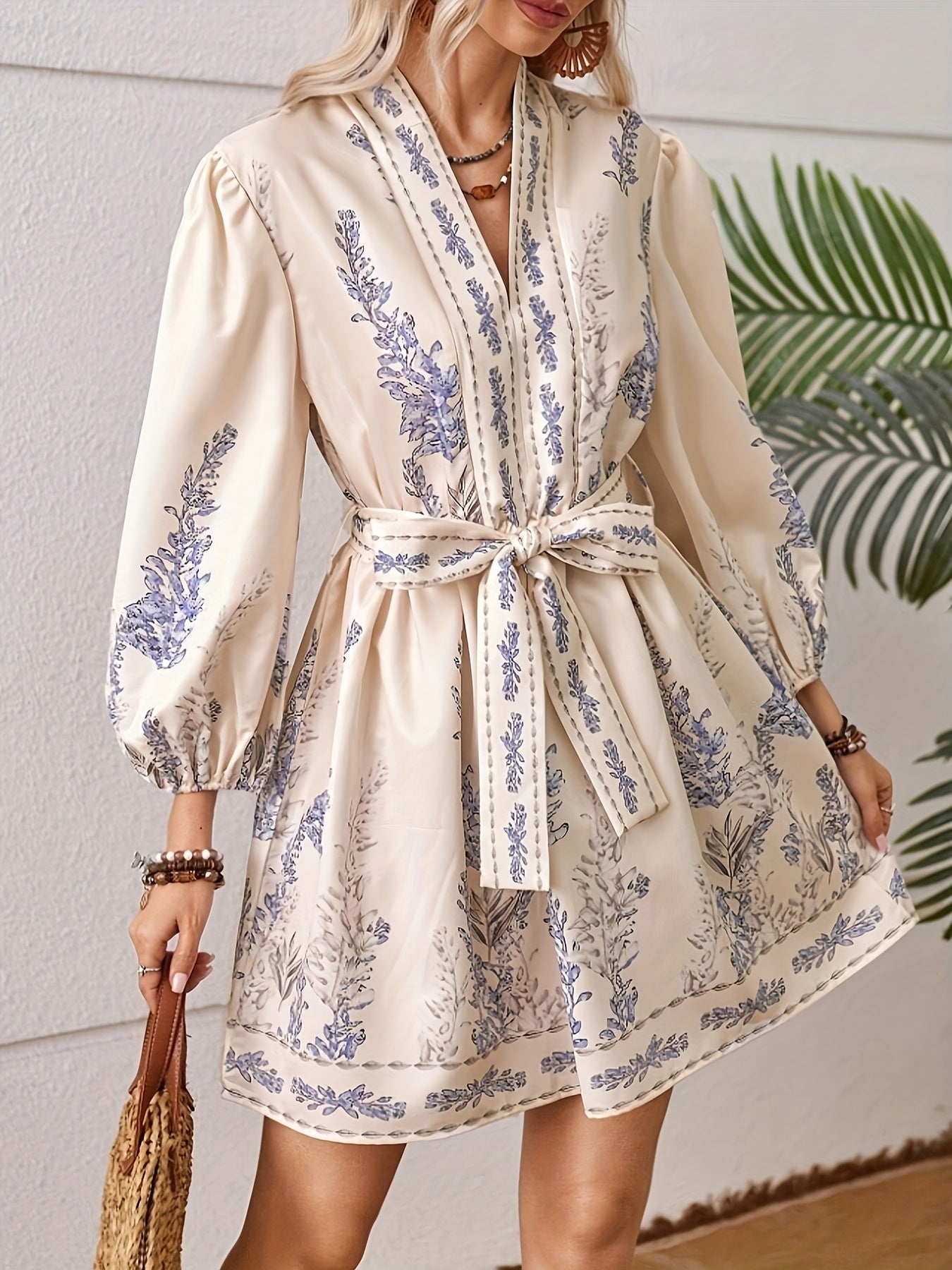 Elegant Floral V-Neck Midi Dress with Lantern Sleeves and Belt for Women - Lightweight Polyester, Cream with Blue Floral Print, Long Flared Sleeves, Perfect for Spring/Fall, Floral Dress