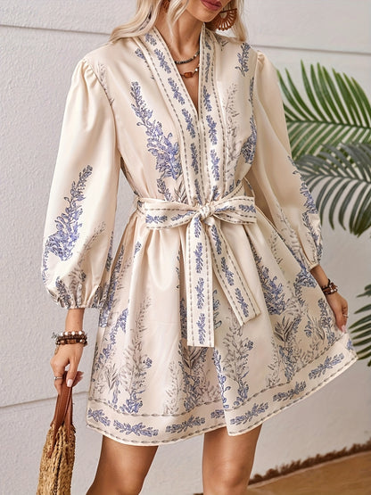 Elegant Floral V-Neck Midi Dress with Lantern Sleeves and Belt for Women - Lightweight Polyester, Cream with Blue Floral Print, Long Flared Sleeves, Perfect for Spring/Fall, Floral Dress