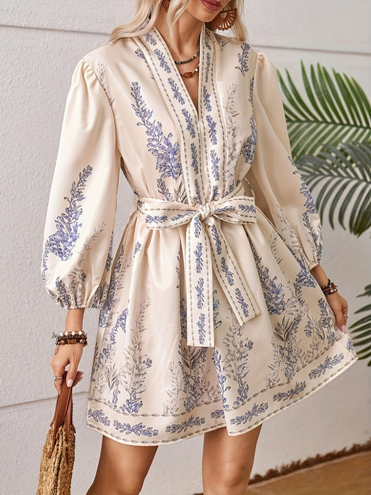 Elegant Floral V-Neck Midi Dress with Lantern Sleeves and Belt for Women - Lightweight Polyester, Cream with Blue Floral Print, Long Flared Sleeves, Perfect for Spring/Fall, Floral Dress