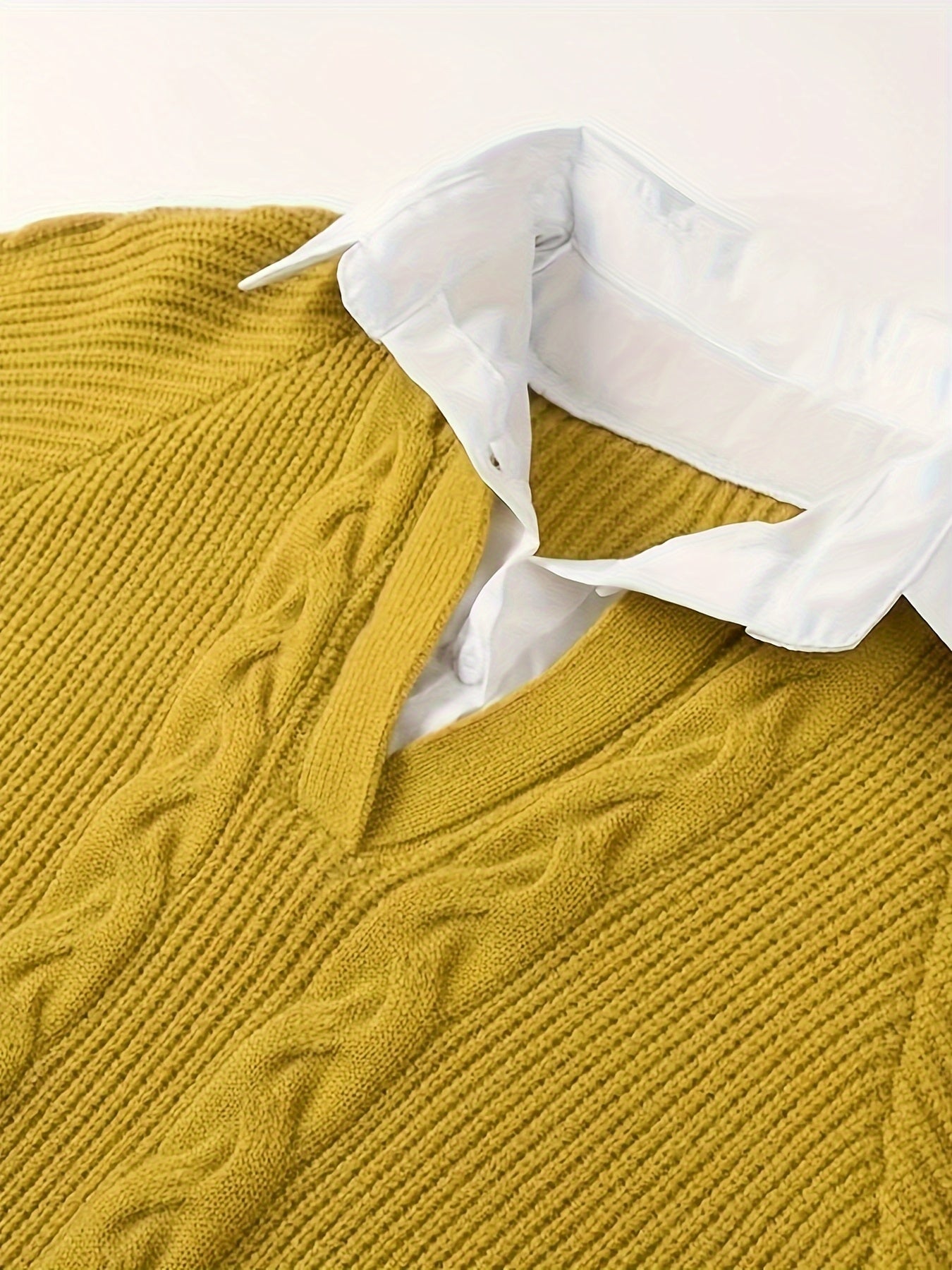 2 In 1 Contrast Color Collared Sweater, Chic Cable Knit Long Sleeve Polo Sweater For Fall & Winter, Women's Clothing