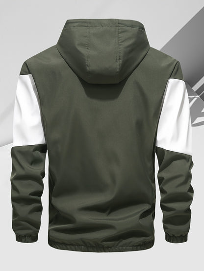 Men's Casual 2-Piece Outfit, Stylish Color Block Zip Up Hooded Jacket, Breathable Solid Color Drawstring Pants