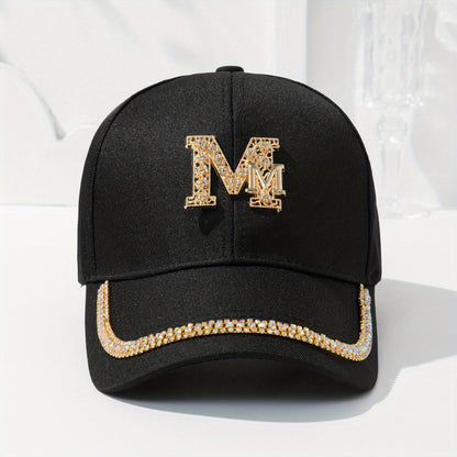 Women's Fashion Patch Baseball Cap With Metallic "M" Initial, Rhinestone Accents, Adjustable Snapback Cps, Wide Brim Sun Hats