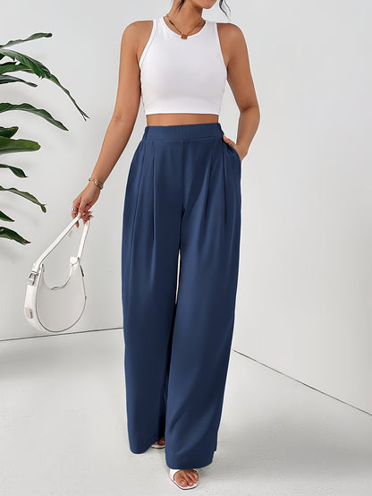 Women'S Elegant Wide Leg Pants - Beige Loose Fit with Elastic Waist, Comfortable Polyester Fabric for Spring/Summer Vacations, Casual Chic Style
