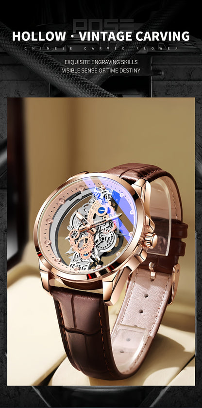 TPW Men's Rose Golden Skeleton Luminous Quartz Watch - Glamorous Luxury Wristwatch with Exposed Movement, Comfortable Metal Band, Father's Day Gift for Him, Luxury Men's Watch | Romantic Watch Design | Rose Golden Finish