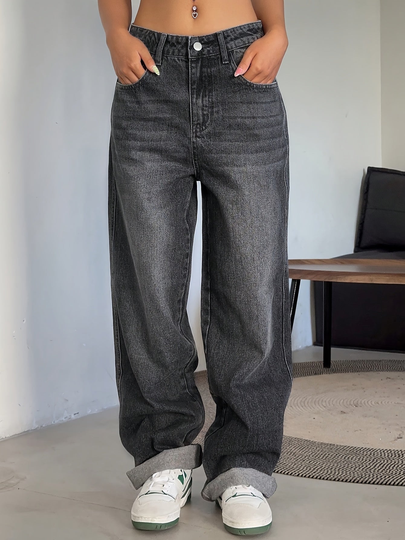 Women's Fashion Wide Leg Jeans, Casual High-Waisted Denim Pants with Pockets, All-Season Solid Color, Comfortable Slimming Design, 54.10% 35.10% Polyester 9.50% Viscose 1.30% Elastane