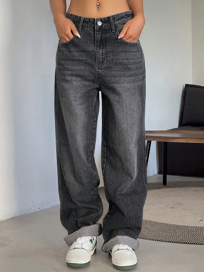 Women's Fashion Wide Leg Jeans, Casual High-Waisted Denim Pants with Pockets, All-Season Solid Color, Comfortable Slimming Design, 54.10% 35.10% Polyester 9.50% Viscose 1.30% Elastane