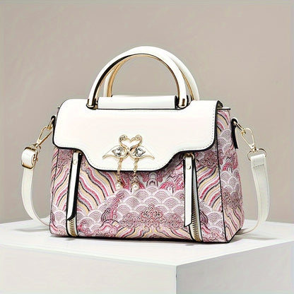 Elegant Floral Embroidered Handbag for Women - Adjustable Strap, Zipper Closure, Polyester Lining, Black & White Floral Pattern, Perfect Gift for Mom Or Family, Small Crossbody Purse, Stylish Accessory, Durable Construction