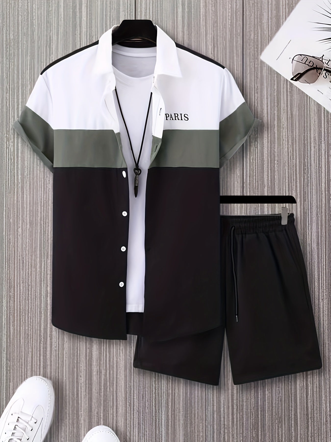 Men'S Letter Color Block Short Sleeve Shirt Shorts Casual Suit 2pcs Set