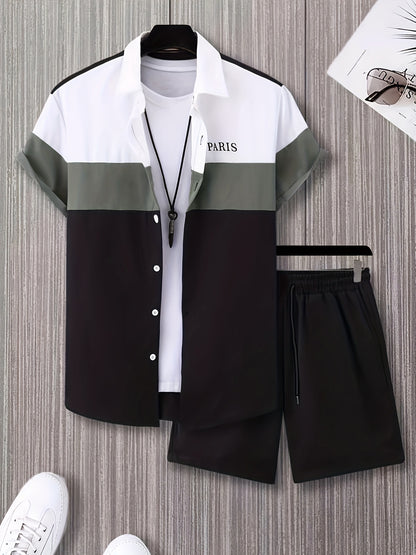 Men'S Letter Color Block Short Sleeve Shirt Shorts Casual Suit 2pcs Set