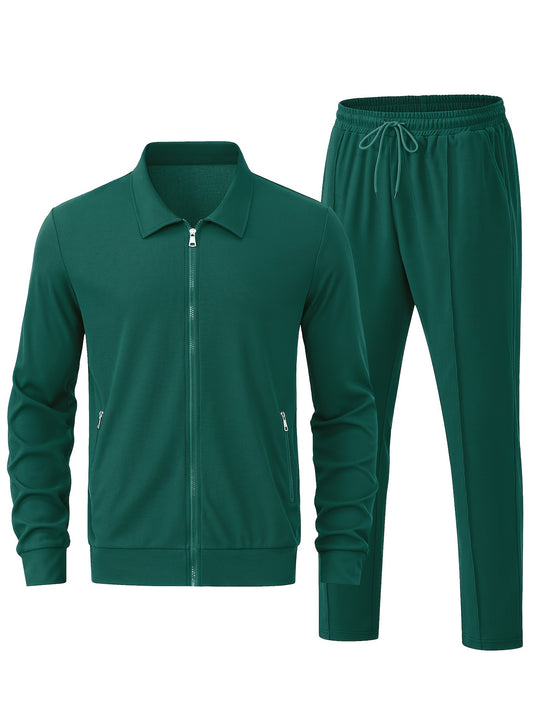 Men's Solid Waffle 2pcs Athletic Outfits, Zip-up Jacket & Pants co ord set for Outdoor Sports