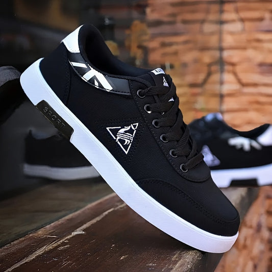 Men's Classic Lace-Up Sneakers - Breathable Canvas Walking Shoes with Non-Slip Rubber Sole, Comfortable for All Seasons, Casual & Sporty, Black with White Accents