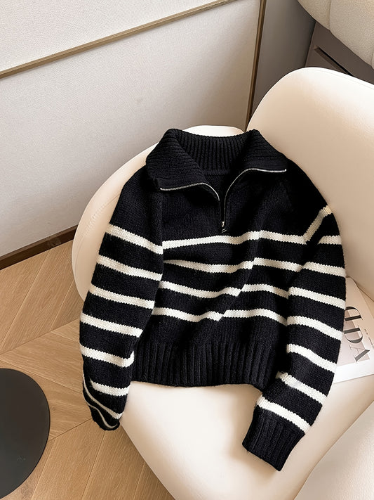 Striped Color Block Collared Sweater for Women Autumn Winter New Arrival Thick Half Zip Loose Soft Knit Top