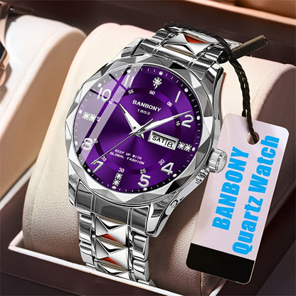 1 New BANBONY Brand Unisex Stainless Steel Quartz Watch with HD Scratch-Resistant Rhinestone-Embellished Simple Digital Round Dial, Luminous Display Date Calendar Battery-Powered Multifunctional Fully Automatic Wristwatch for