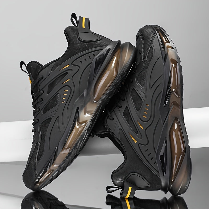 Men's Casual Sneakers - Breathable Low-Top Lace-Up Design, Durable PU Upper & Cushioned PVC Sole for All-Season Comfort - Black with Yellow Accents - Ideal for Running, Hiking, Daily Wear, Hiking Footwear, Stylish Contrast Ac