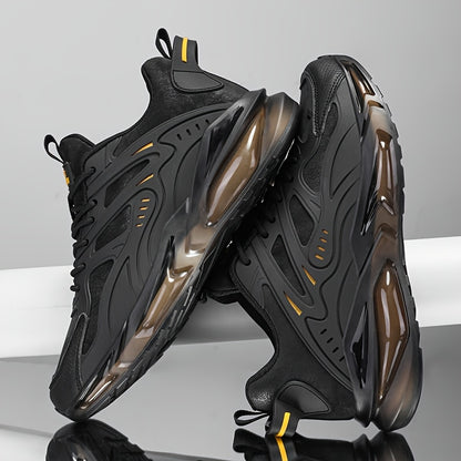 Men's Casual Sneakers - Breathable Low-Top Lace-Up Design, Durable PU Upper & Cushioned PVC Sole for All-Season Comfort - Black with Yellow Accents - Ideal for Running, Hiking, Daily Wear, Hiking Footwear, Stylish Contrast Ac